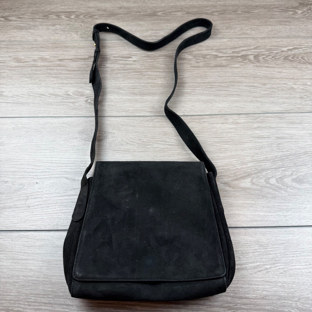 Donna Karan Womens Crossbody Bag Suede Leather Flap Italy Black OS